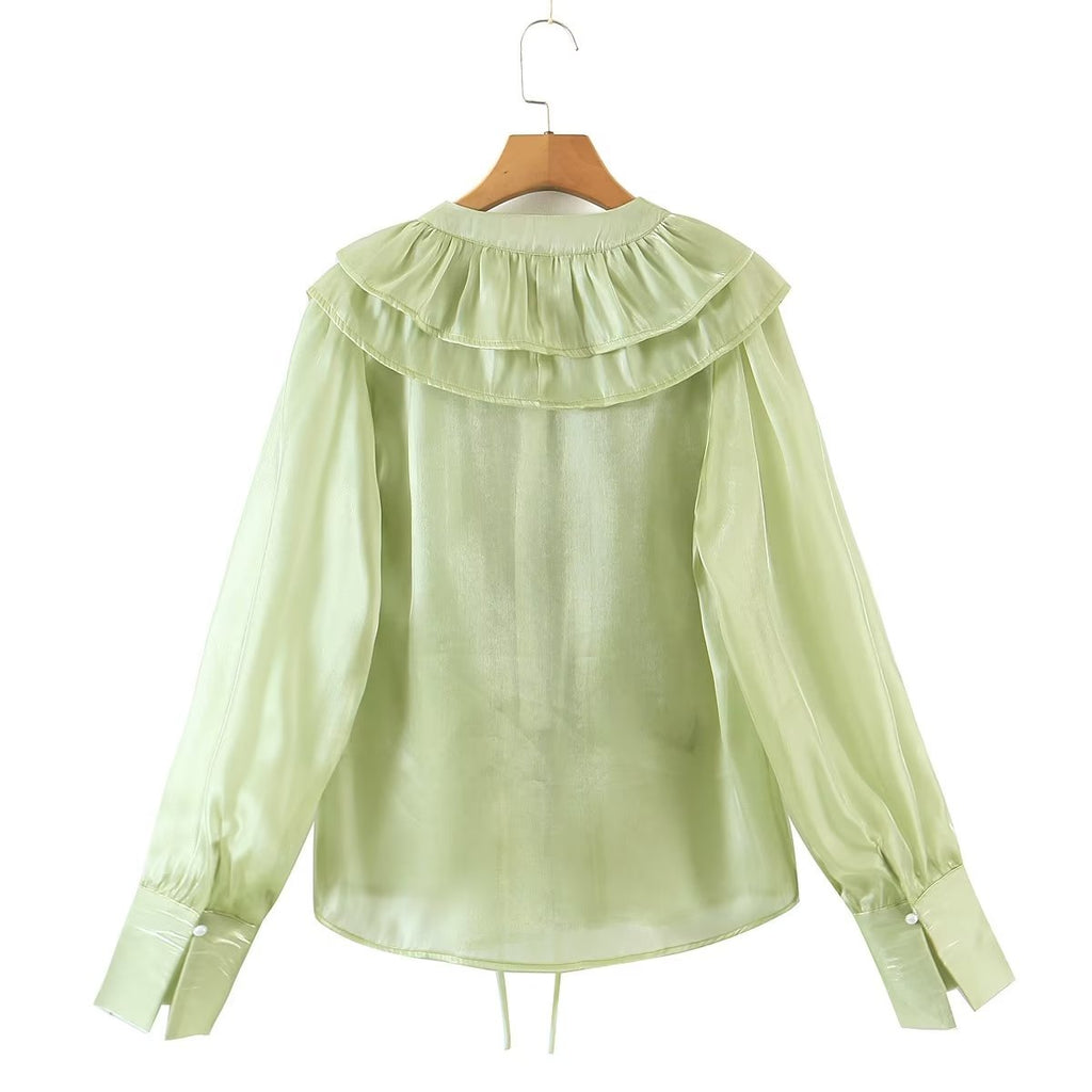 Loose Ruffle Tie Waist V-Neck Blouse