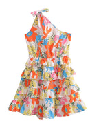 Women Clothing Laminated Decoration Shoulder Lace up One Shoulder Dress Short