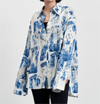 Women's Fall Satin Architectural Printing Front Short Back Length Loose Casual Long Sleeves Shirt Top