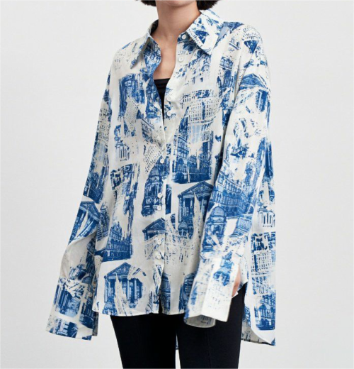 Women's Fall Satin Architectural Printing Front Short Back Length Loose Casual Long Sleeves Shirt Top
