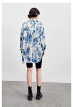 Women's Fall Satin Architectural Printing Front Short Back Length Loose Casual Long Sleeves Shirt Top