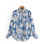 Women's Fall Satin Architectural Printing Front Short Back Length Loose Casual Long Sleeves Shirt Top