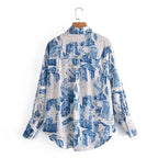 Women's Fall Satin Architectural Printing Front Short Back Length Loose Casual Long Sleeves Shirt Top