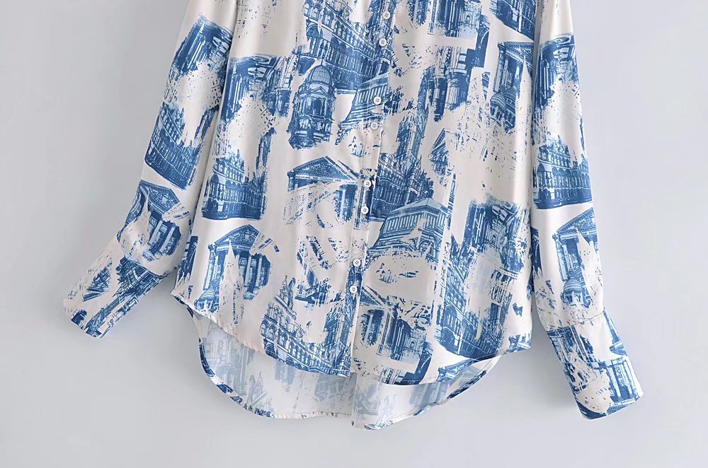 Women's Fall Satin Architectural Printing Front Short Back Length Loose Casual Long Sleeves Shirt Top