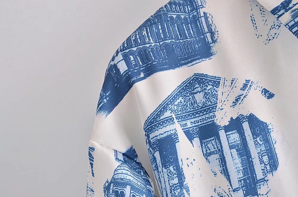 Women's Fall Satin Architectural Printing Front Short Back Length Loose Casual Long Sleeves Shirt Top