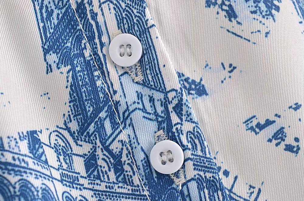 Women's Fall Satin Architectural Printing Front Short Back Length Loose Casual Long Sleeves Shirt Top