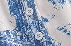 Women's Fall Satin Architectural Printing Front Short Back Length Loose Casual Long Sleeves Shirt Top