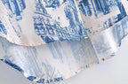 Women's Fall Satin Architectural Printing Front Short Back Length Loose Casual Long Sleeves Shirt Top