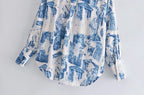 Women's Fall Satin Architectural Printing Front Short Back Length Loose Casual Long Sleeves Shirt Top