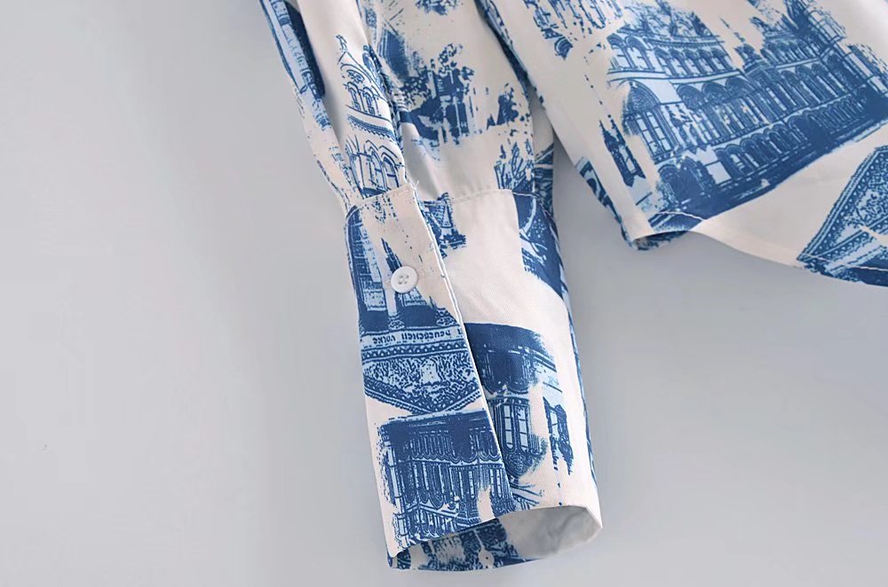 Women's Fall Satin Architectural Printing Front Short Back Length Loose Casual Long Sleeves Shirt Top