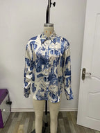 Women's Fall Satin Architectural Printing Front Short Back Length Loose Casual Long Sleeves Shirt Top