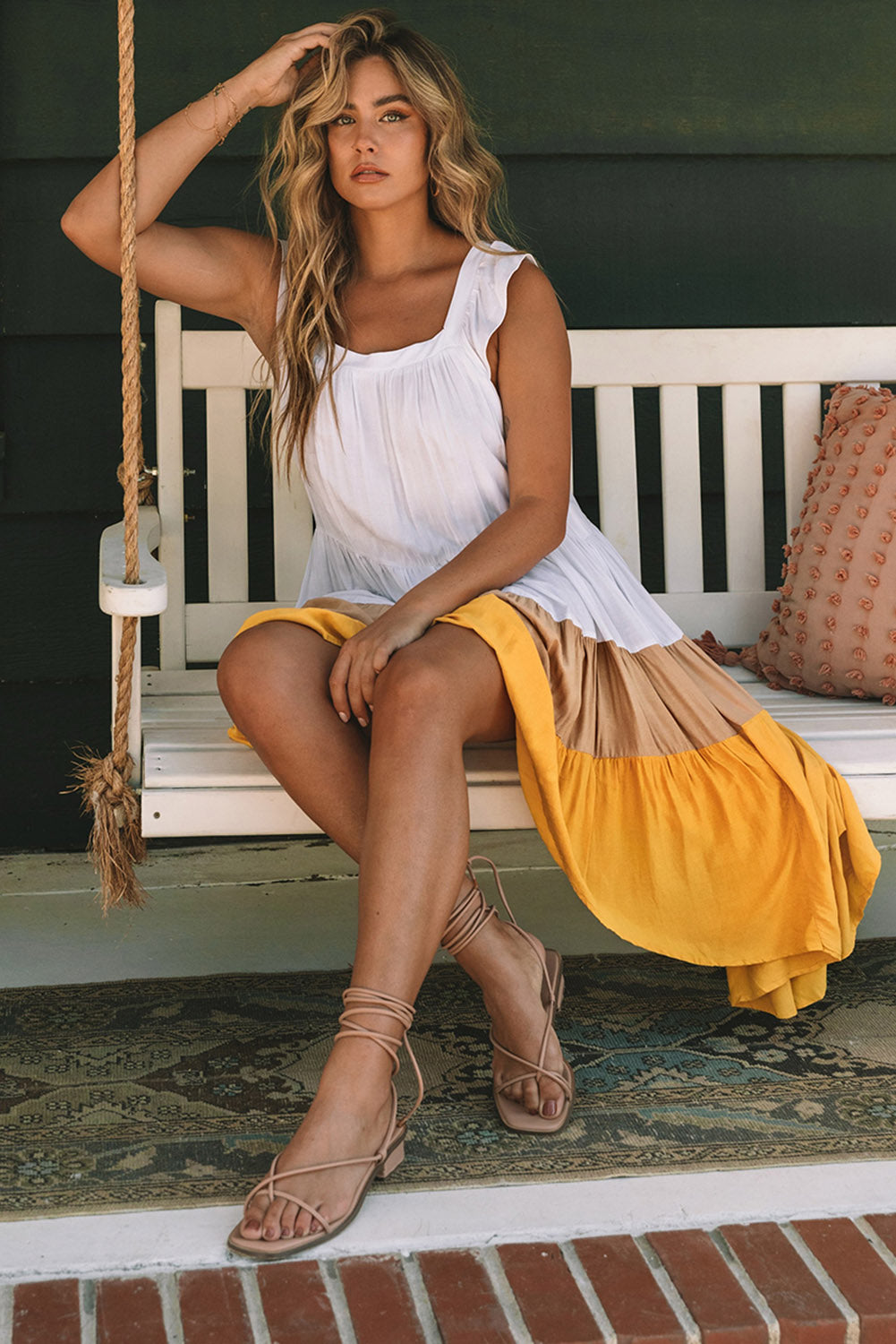 Yellow High-Low Tiered Colorblock Midi Dress