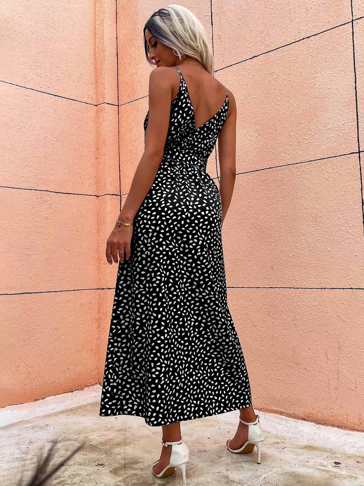 Printed Belted V-Neck Slit Dress