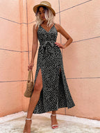 Printed Belted V-Neck Slit Dress