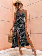 Printed Belted V-Neck Slit Dress