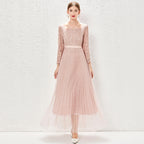 Long-Sleeve Lace Stitching Pleated Mesh Tight Waist A-Line Dress