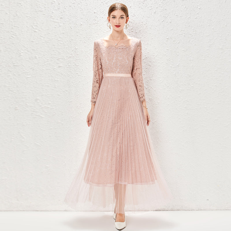 Long-Sleeve Lace Stitching Pleated Mesh Tight Waist A-Line Dress
