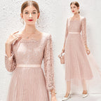 Long-Sleeve Lace Stitching Pleated Mesh Tight Waist A-Line Dress