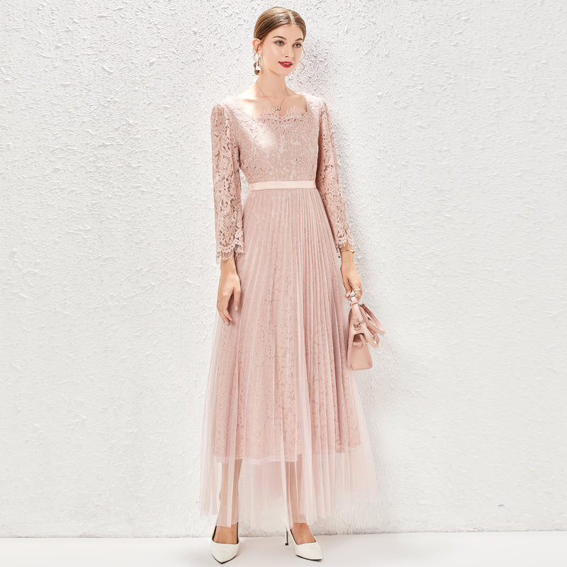 Long-Sleeve Lace Stitching Pleated Mesh Tight Waist A-Line Dress
