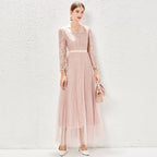 Long-Sleeve Lace Stitching Pleated Mesh Tight Waist A-Line Dress