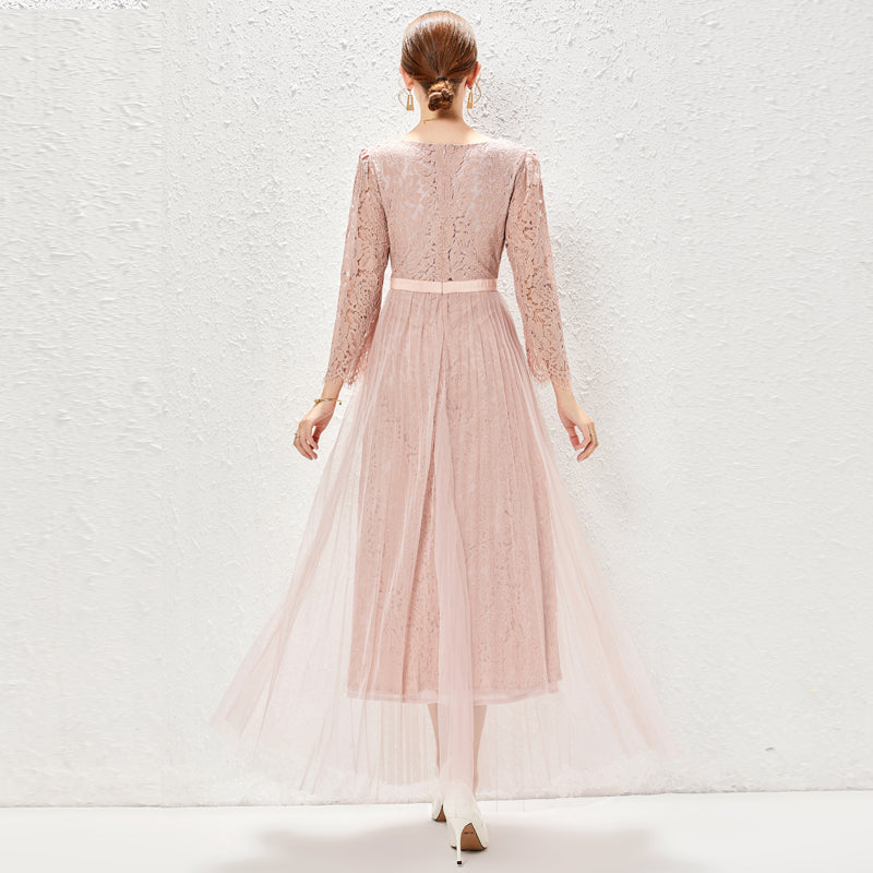 Long-Sleeve Lace Stitching Pleated Mesh Tight Waist A-Line Dress