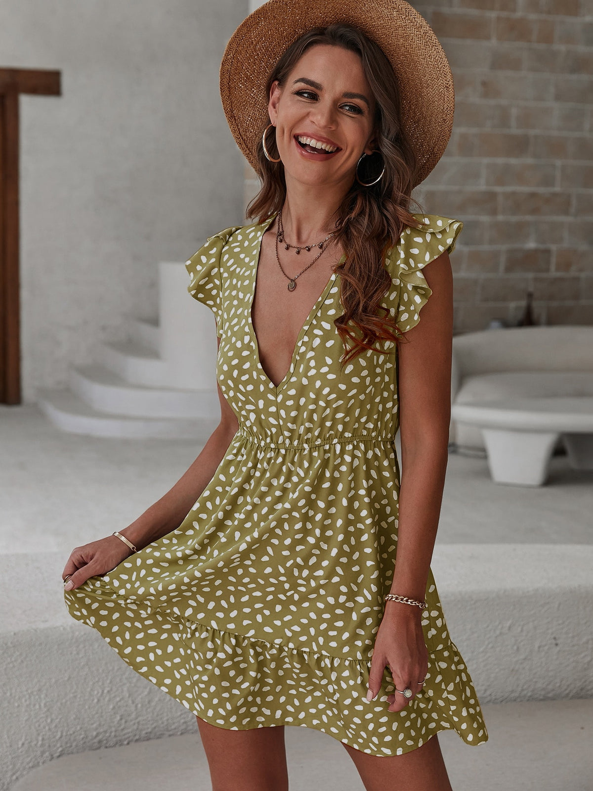 Ruffle Sleeve V-Neck Elegant Short Dress