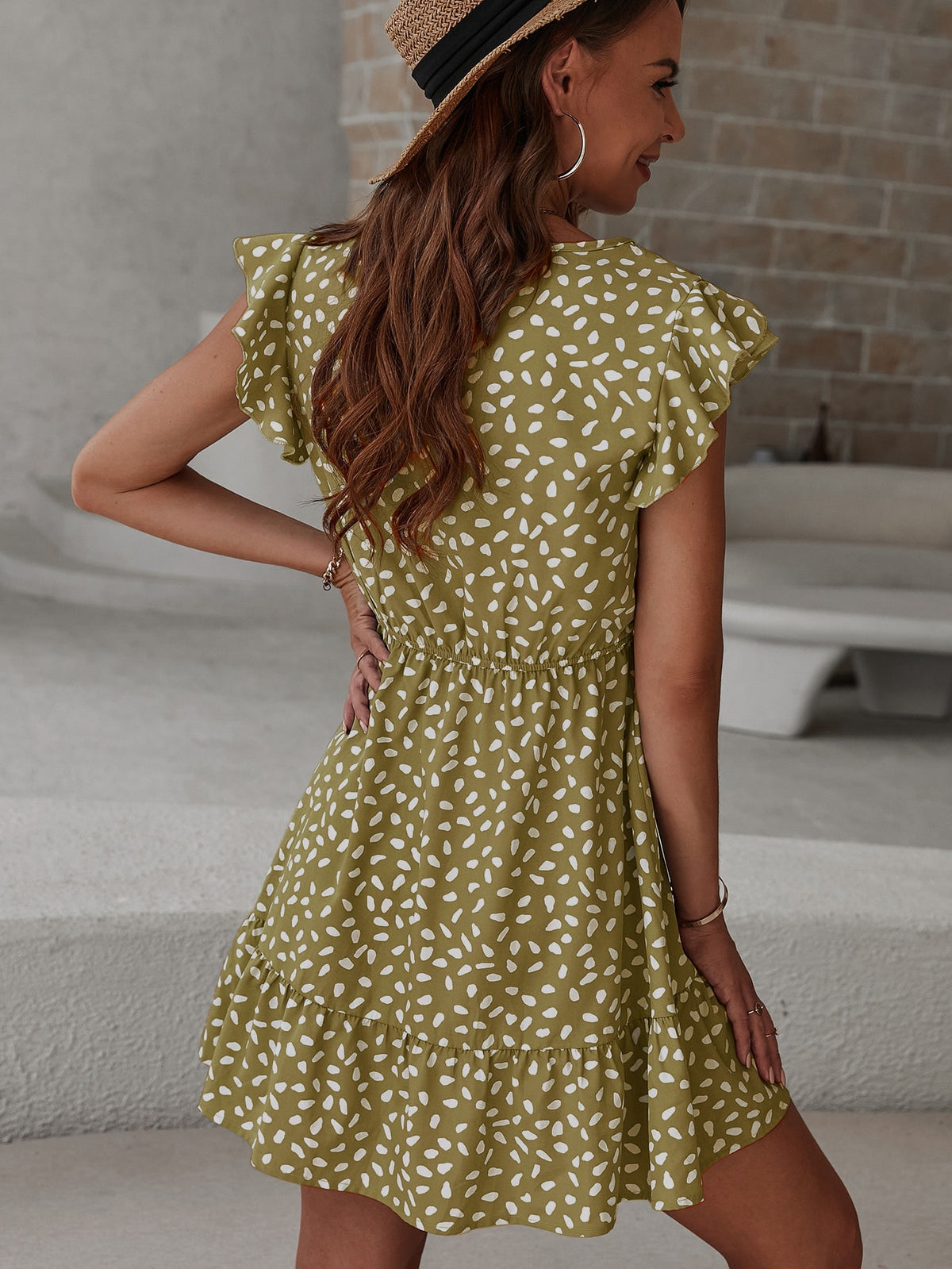 Ruffle Sleeve V-Neck Elegant Short Dress