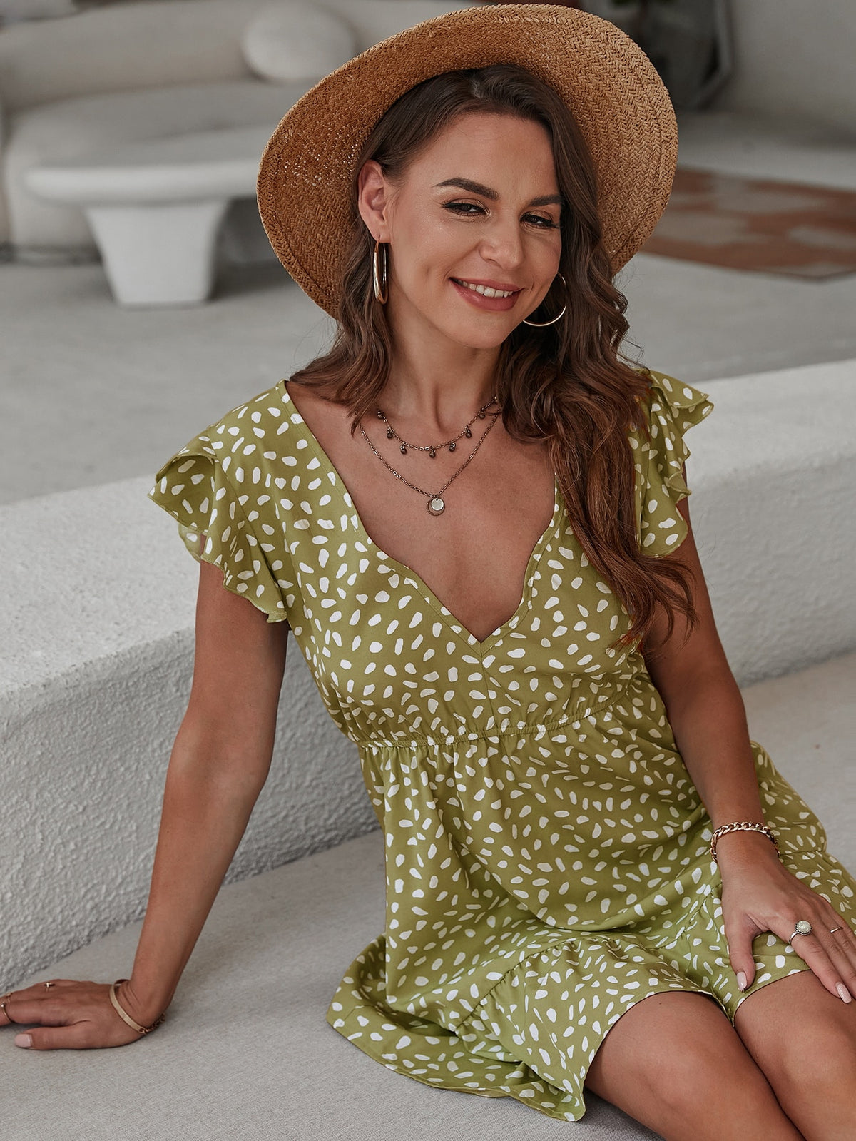 Ruffle Sleeve V-Neck Elegant Short Dress