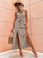 Women's Belted Printed V-Neck Maxi Dress