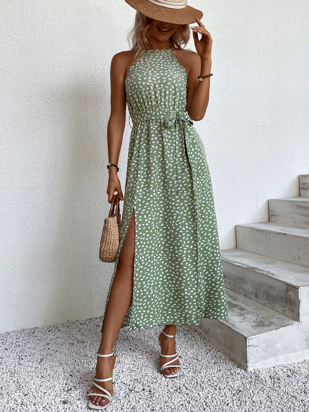Women's Belted Printed Maxi Dress