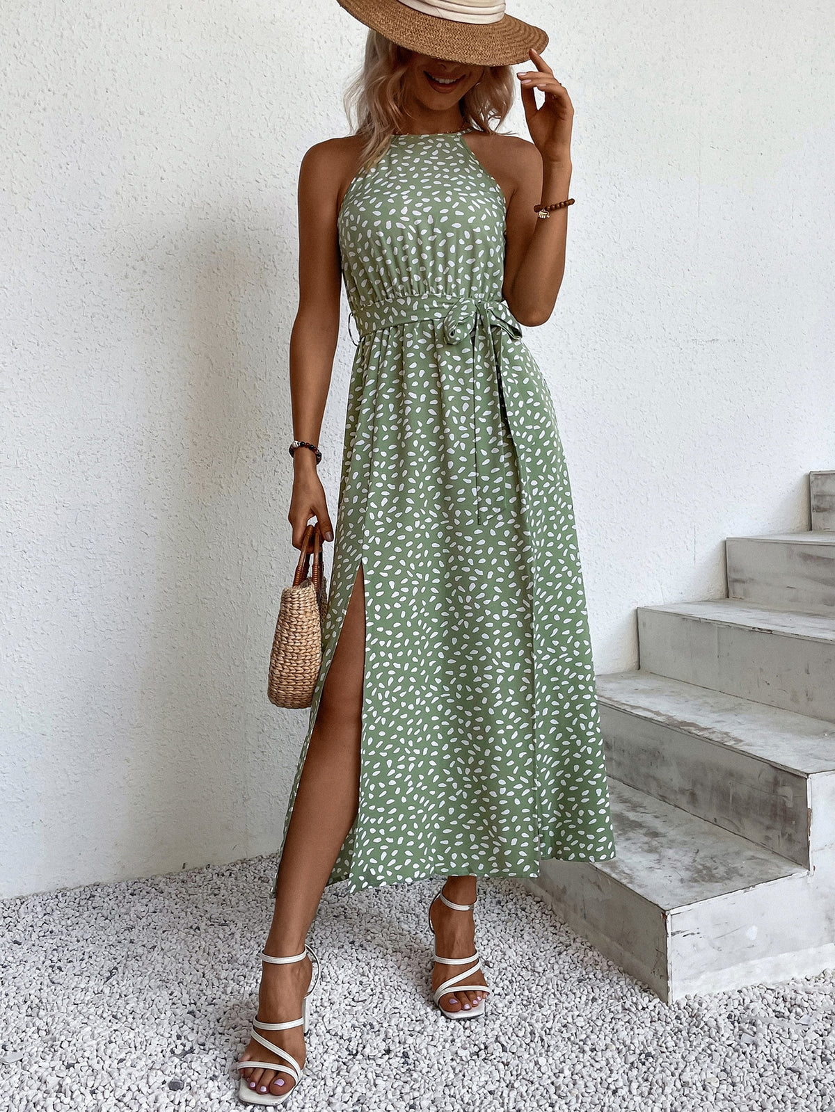 Women's Belted Printed Maxi Dress