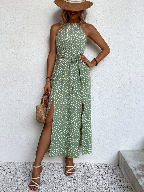 Women's Belted Strappy Dress with Slit Dress