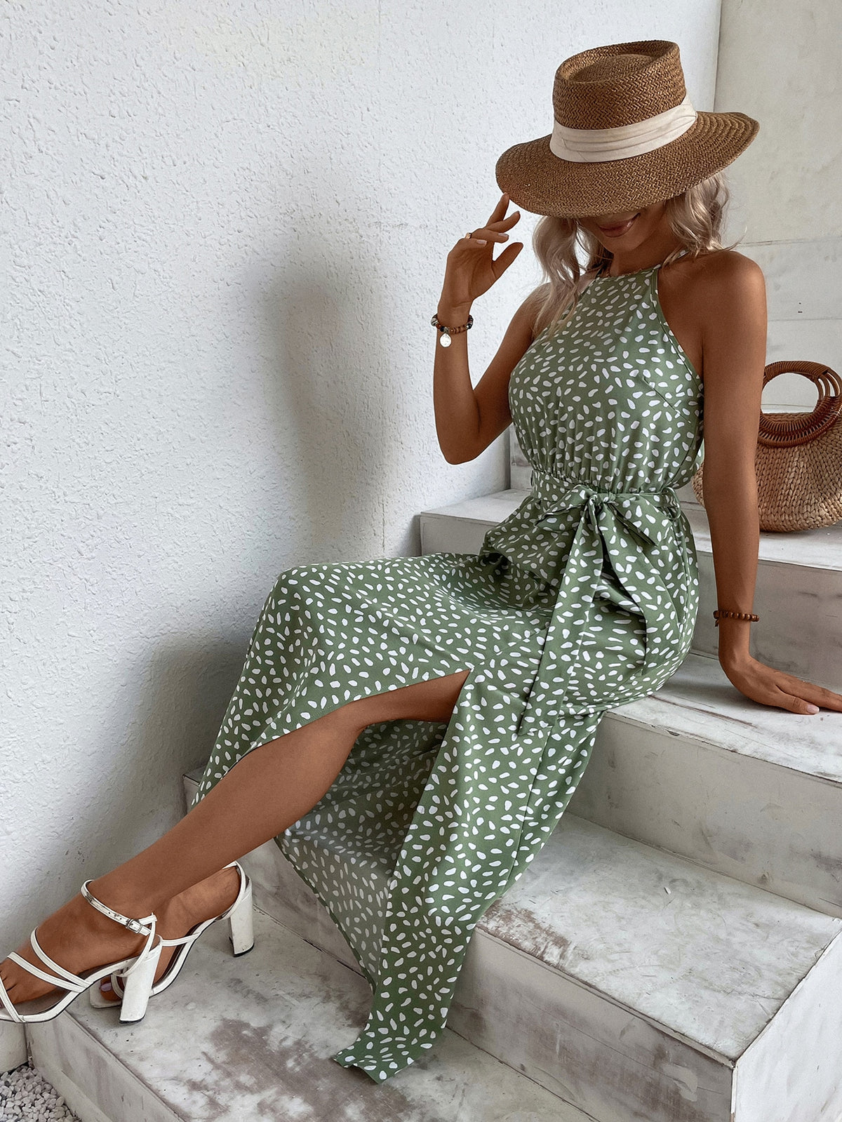 Women's Belted Printed Maxi Dress