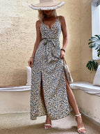 Women's V-Neck Floral Belted Split Dress