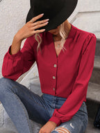 Women's V-Neck Lantern Sleeve Office Shirt