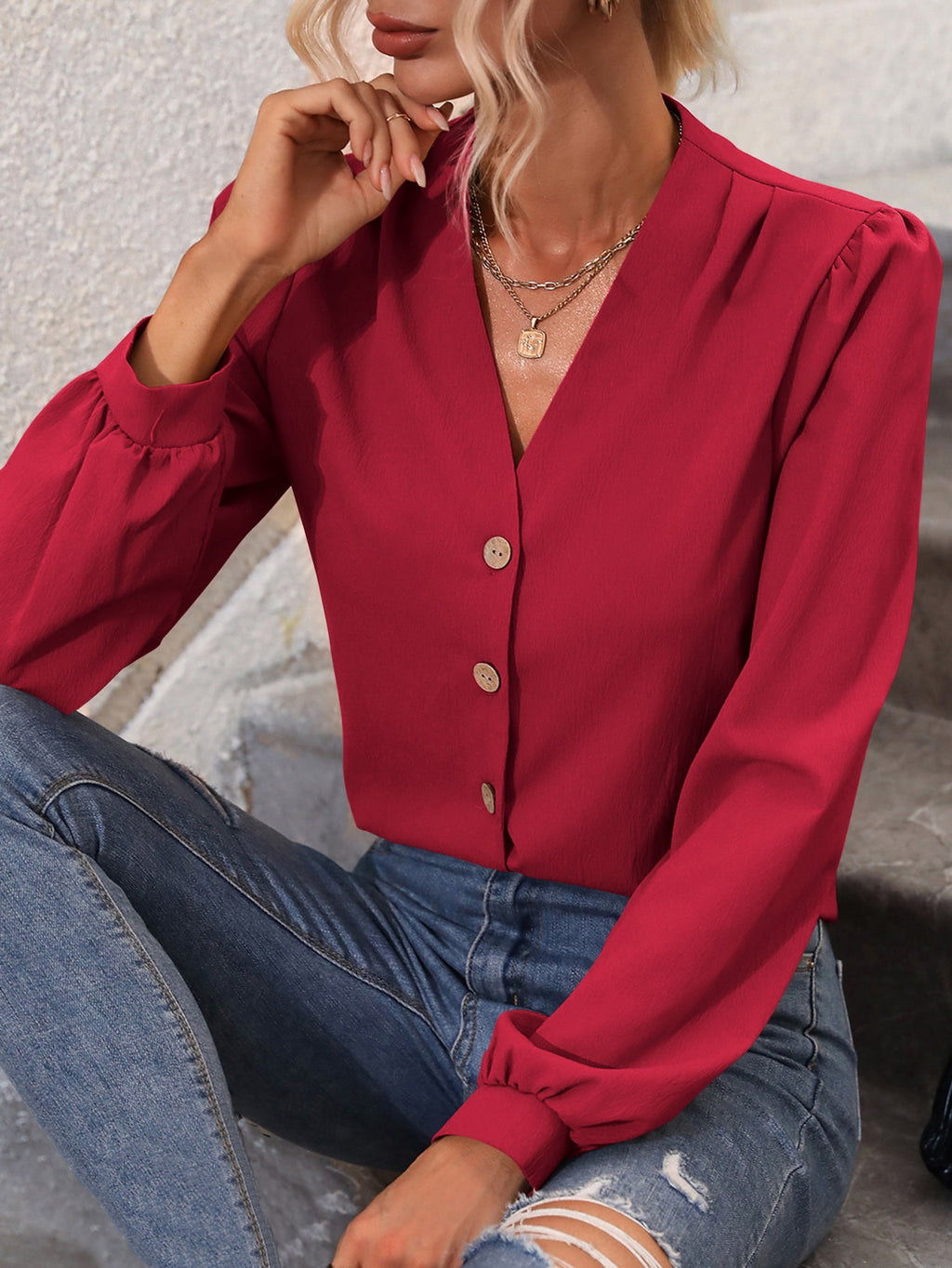 Women's V-Neck Lantern Sleeve Office Shirt