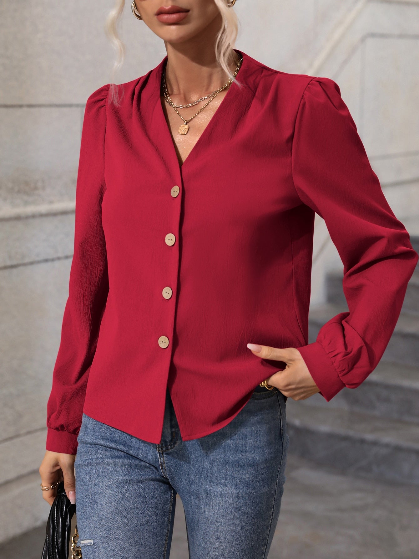 Women's V-Neck Lantern Sleeve Office Shirt