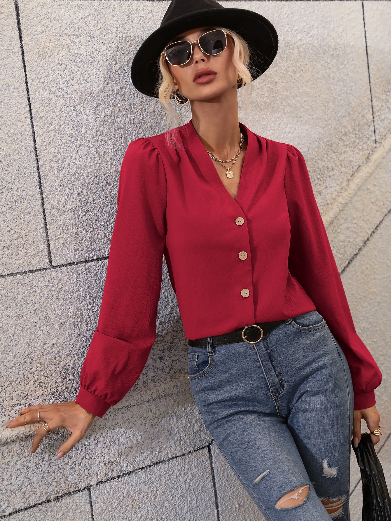 Women's V-Neck Lantern Sleeve Office Shirt