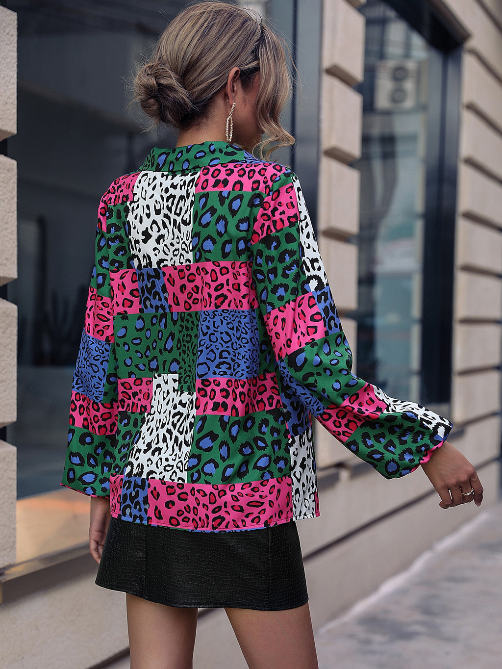 Women's Leopard Print Contrast Puff Sleeve Blouse