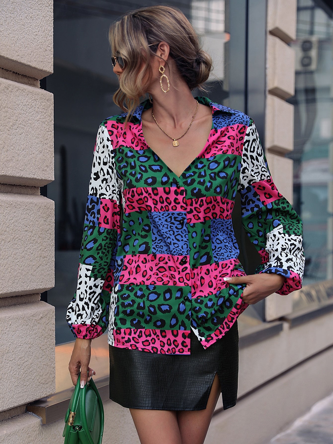 Women's Leopard Print Contrast Puff Sleeve Blouse