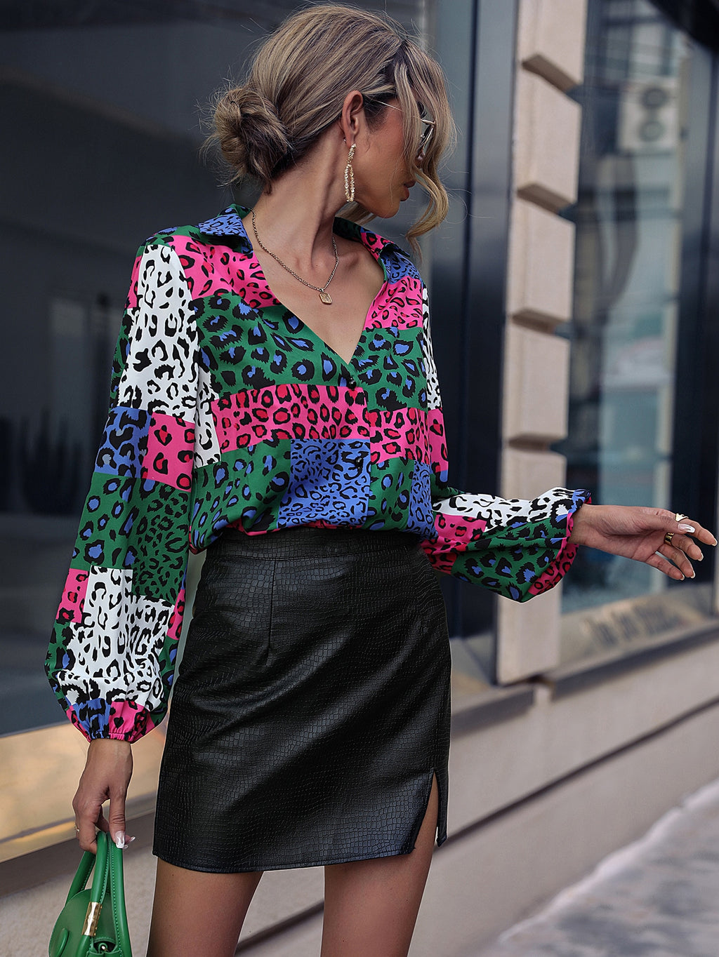 Women's Leopard Print Contrast Puff Sleeve Blouse