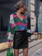 Women's Leopard Print Contrast Puff Sleeve Blouse