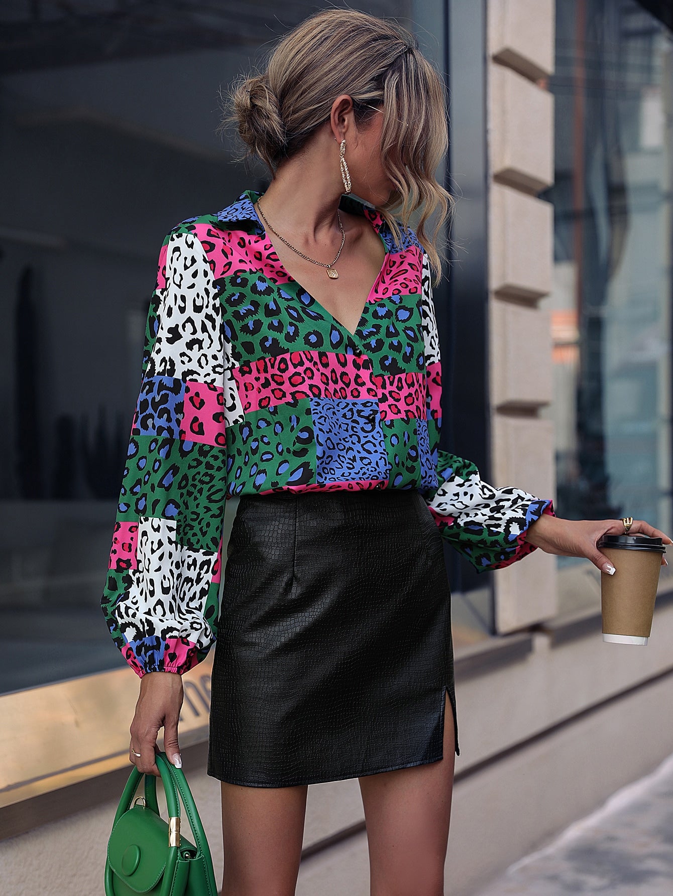Women's Leopard Print Contrast Puff Sleeve Blouse