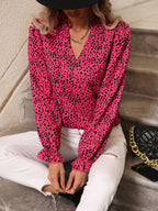 Women's Leopard Print Ruffle Lantern Sleeve Blouse