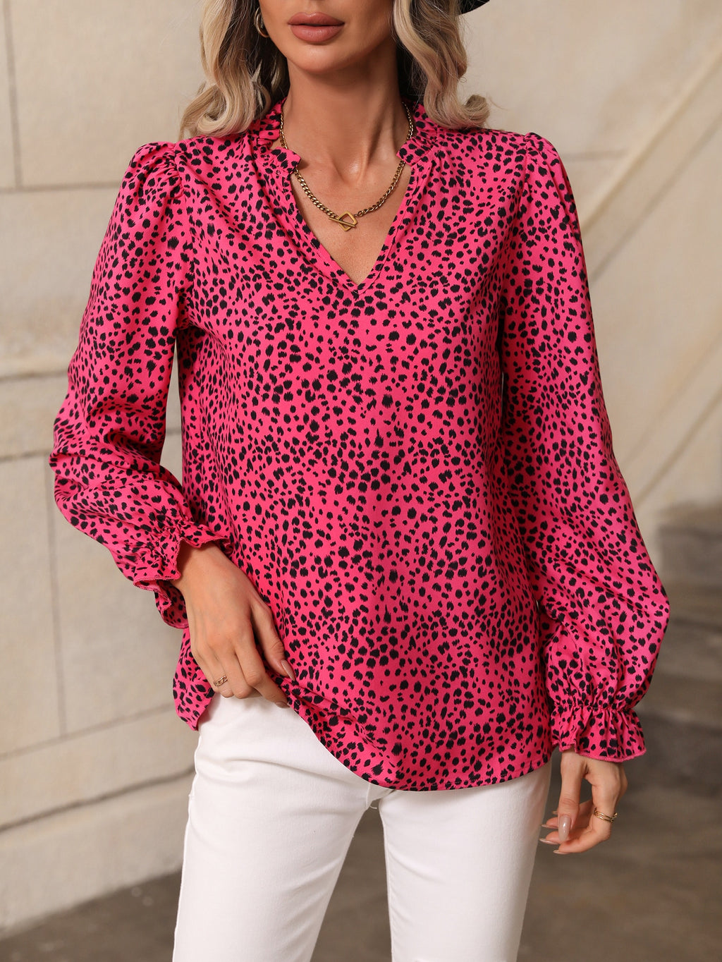 Women's Leopard Print Ruffle Lantern Sleeve Blouse