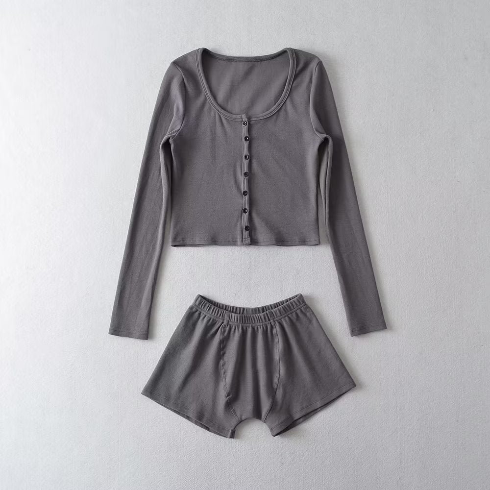 Round-Neck Single Breasted Short Cropped Cardigan T Shirt Top Elastic Waist Slim Two-Piece Set