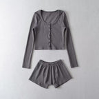 Round-Neck Single Breasted Short Cropped Cardigan T Shirt Top Elastic Waist Slim Two-Piece Set