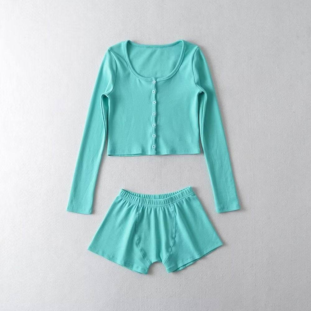 Round-Neck Single Breasted Short Cropped Cardigan T Shirt Top Elastic Waist Slim Two-Piece Set