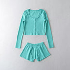 Round-Neck Single Breasted Short Cropped Cardigan T Shirt Top Elastic Waist Slim Two-Piece Set