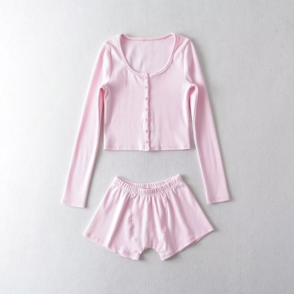 Round-Neck Single Breasted Short Cropped Cardigan T Shirt Top Elastic Waist Slim Two-Piece Set